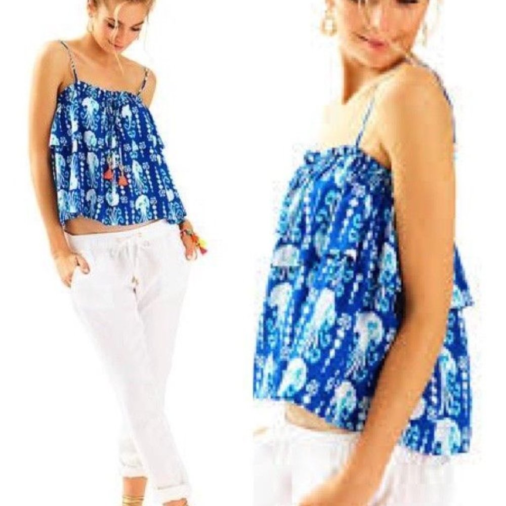 LILLY PULITZER MAYS TOP INDIGO GET IN LINE JELLYFISH INDIGO SIZE XS EXTRA SMALL